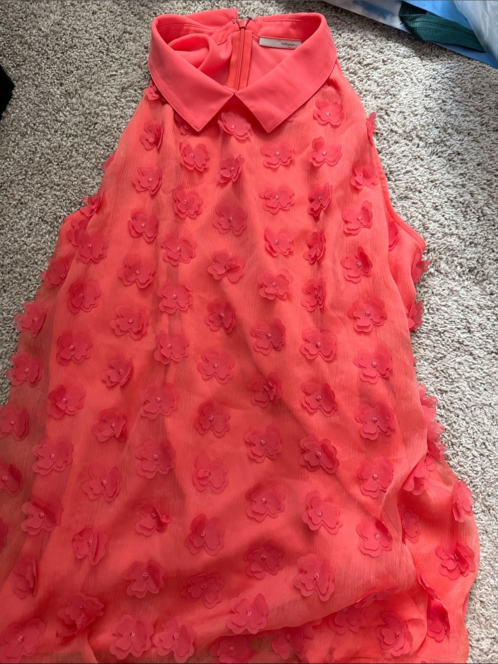 Women’s Coral Sleeveless Floral Appliqué Top with Collar